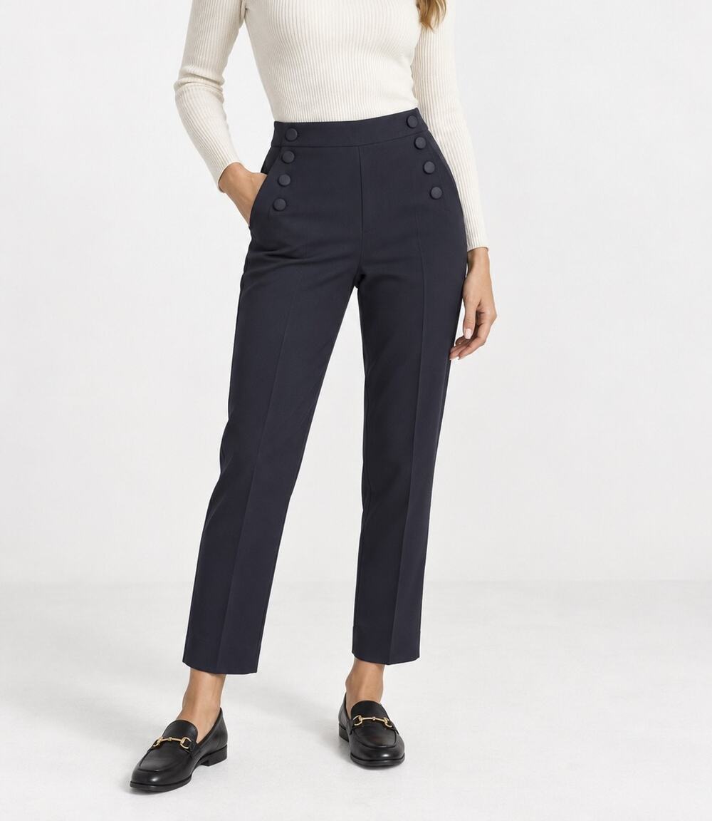Sandro Navy Ponte Knit High Rise Button Cropped Pants Trousers FR 36 US 4